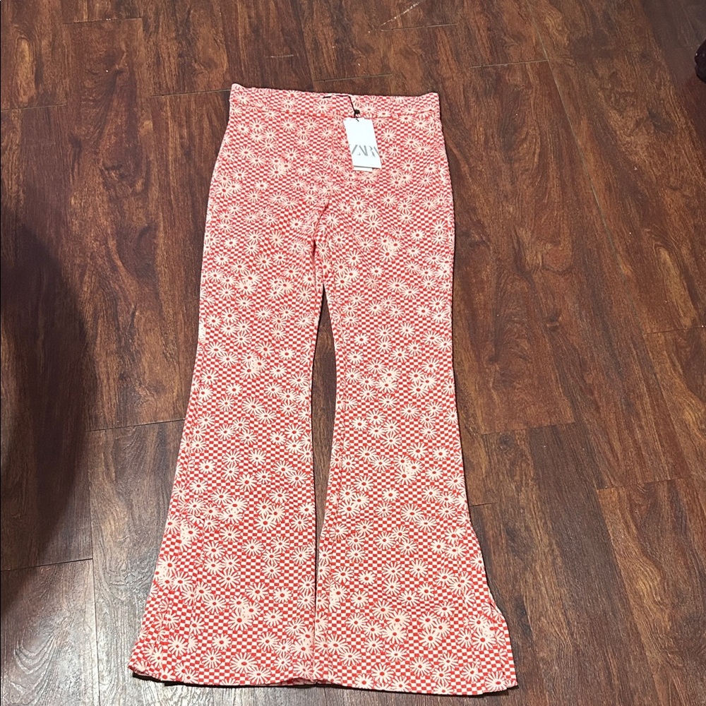 Zara Red & White Daisy Check Pants